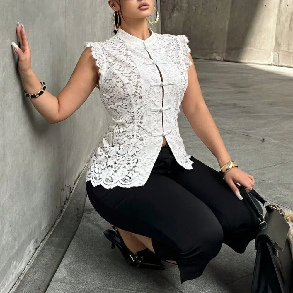 White Elegant Women's Plus Size Lace Button Collar Fitted Blouse - Picture 5 of 8